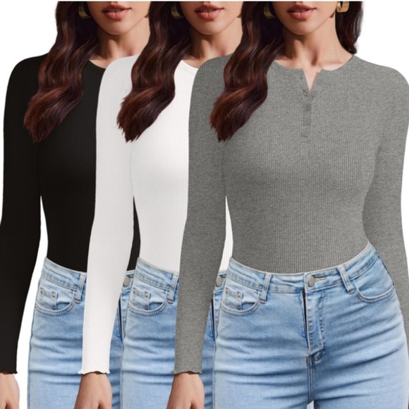 Ekouaer Women's 3 Pack Long Sleeve Henley Ribbed Slim Fit Base Layer Thermal Tee - Picture 1 of 6